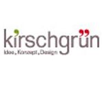 Logo mit dem Text "kirschgrün" und Motto "Idee, Konzept, Design" in stilisierter Schrift.