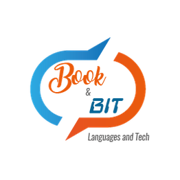 Logotipo con flechas azul y naranja, texto "Book & Bit", y subtítulo "Languages and Tech".