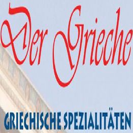 Rotes Logo "Der Grieche" mit blauem Text "Griechische Spezialitäten" auf weißem Hintergrund.