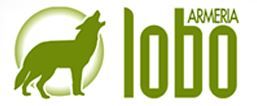 Logotipo verde con un lobo aullando y el texto "Armería Lobo".
