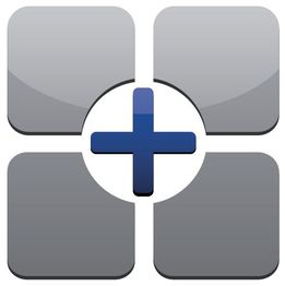 Vier graue Quadrate mit einem blauen Pluszeichen in der Mitte.