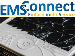 Zerschlagener Smartphone-Bildschirm unter EMSConnect-Logo und Slogan "Einfach mehr Service".