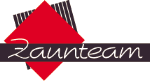 Logo mit roter Raute, Zaun-Elementen und dem Schriftzug "Zaunteam" in geschwungener Schrift.