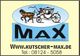 Pferdekutsche mit Fahrer, Text "Max", Webseite und Telefonnummer für Kutschendienst.