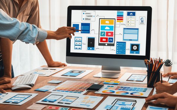 Ein Team eines Unternehmens bespricht die elementarische Strukturierung ihrer Website. Auf dem Monitor sind einzelne Websiteelemente zu erkennen, während auf dem Tisch davor Farbskalen und mobil optimierte Versionen ausgedruckt liegen.