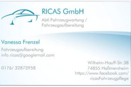 Visitenkarte von RICAS GmbH mit Kontaktdetails zur Fahrzeugaufbereitung.