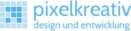 Logo von "pixelkreativ" in Blau mit dem Text "design und entwicklung" darunter.