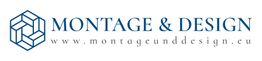 Montage & Design Logo mit Webadresse: www.montageunddesign.eu, blaues Würfel-Icon.