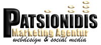 Logo der Patsionidis Marketing Agentur mit gelochten Akzenten über dem Namen.