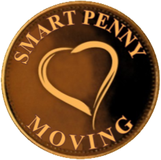 Coin with heart design, text: "Smart Penny Moving."