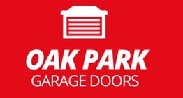 Red logo for Oak Park Garage Doors with a garage door icon above the text.
