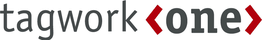 Logo mit Schriftzug "tagwork one" und roten spitzen Klammern um "one".
