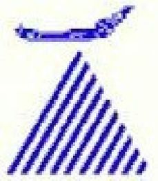 Gráfico de triángulo rayado en azul con diseño abstracto de avión en la parte superior.