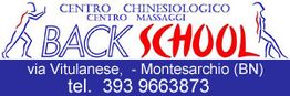 Logo di Back School, centro massaggi e chinesiologico, con indirizzo e numero di telefono.