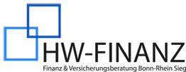 Logo von HW-FINANZ, zeigt zwei blaue Quadrate. Text: "Finanz & Versicherungsberatung".