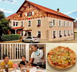 Großes Haus im Landhausstil, Familie am Esstisch, Pizza auf Teller.
