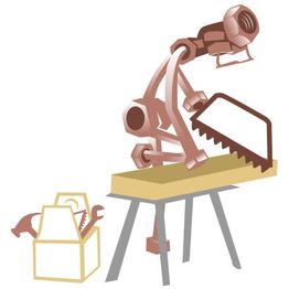 Roboter schneidet Holz mit einer Säge auf einem Tisch. Werkzeugkasten mit Hammer daneben.