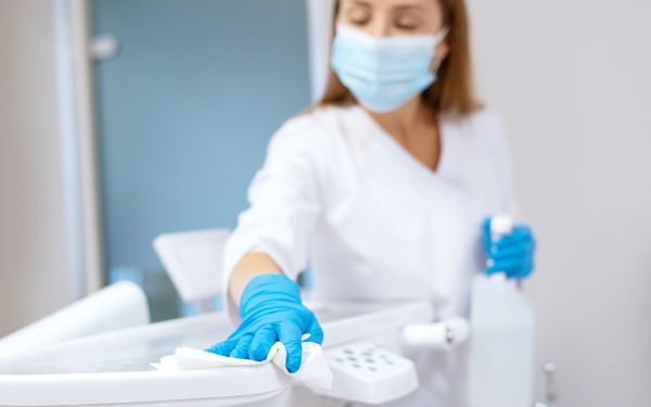 Eine Arzthelferin desinfiziert die Oberflächen nach einer abgeschlossenen Behandlung.
