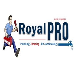 Cartoon plumber with tools beside "Royal PRO" text for plumbing, heating, and air conditioning.
