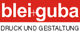 Logo mit rotem Hintergrund: "bleiguba" in Weiß, darunter "Druck und Gestaltung" in Schwarz.