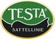 Logo: "Testa Sattellinie" in einem ovalen Rahmen, grün und schwarz mit goldener Umrandung.