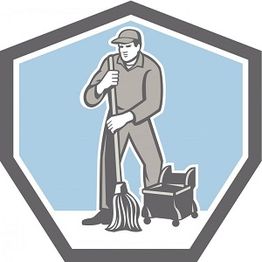 Illustration of a janitor mopping the floor with a mop bucket on wheels, in a hexagonal frame.