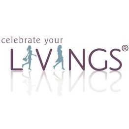 Text: "celebrate your LIVINGS" mit zwei gehenden Figuren im Buchstaben "V".