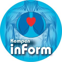 Blaues Design mit Muskeln, rotem Herz und Text "Kempen inForm".