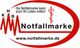 Logo mit rotem Oval, Schriftzug "Notfallmarke" und Webseite, Gesundheitsstab sichtbar.