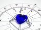 Blaues Herz auf einem astrologischen Diagramm mit Sternzeichen und Planetenzeichen.