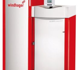 Caldaia rossa e bianca con marchio "Windhager" e display digitale in alto.