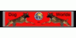 Banner: Zwei Hunde, Globus in der Mitte, rote Hintergrundfarbe, Text: "Dog Worlds".