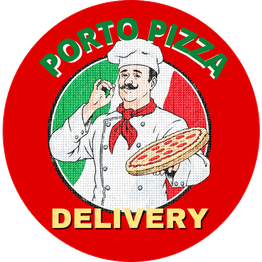 Logotipo circular da Porto Pizza Delivery, mostrando um chef com uma pizza e bandeira italiana.