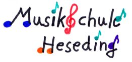 "Logo der Musikschule Heseding mit bunten Noten und einem roten Violinschlüssel als 'k'."