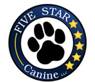 Logo with a paw print, "Five Star Canine," and four yellow stars on a blue circle background.
