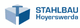 Logo von Stahlbau Hoyerswerda mit abstrakter Stahlstruktur und blauem Schriftzug.
