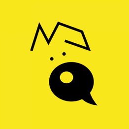 Abstraktes Gesicht auf gelbem Hintergrund, mit geometrischen Formen und zwei Punkten als Augen.