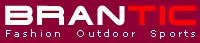 Logo mit Text "BRANTIC Fashion Outdoor Sports" auf rotem Hintergrund.