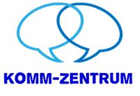 Zwei blaue Sprechblasen über dem Schriftzug "KOMM-ZENTRUM" in blauer Schrift.