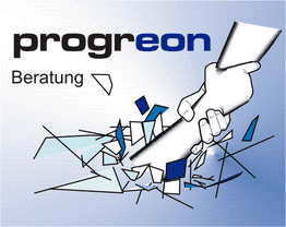 Hand zerbricht Glasfläche neben "progreon Beratung"-Schriftzug.