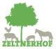 Baum mit Tieren: Hahn, Schwein, Pferd und Schaf. Text: "Zeltnerhof" in Grün dargestellt.