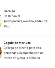 Menú de platos: Bacalao por 21,90€ y Cogote de merluza por 40,00€.