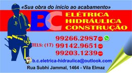 Banner de serviços de elétrica, hidráulica e construção com contatos e endereço em fundo colorido.