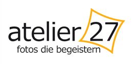 Atelier 27 Logo mit Slogan "fotos die begeistern" in Schwarz und Gelb.