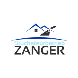 Logo mit Haus, Kelle und Schriftzug "Stuckateurbetrieb Zanger" in Blau und Schwarz.