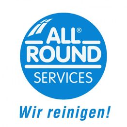 Blauer Kreis mit Text "ALL ROUND SERVICES" und darunter "Wir reinigen!" in Weiß.