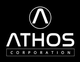 Logotipo de "Athos Corporation" en blanco sobre fondo negro.