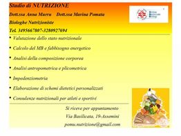 Biglietto da visita di uno studio di nutrizione con servizi offerti e contatti.