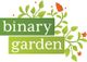 Text "binary garden" mit grünen und orangefarbenen Blättern verziert.