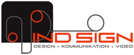 Schwarze Form mit roten Kreisen und Text: "IND SIGN - Design, Kommunikation, Video".